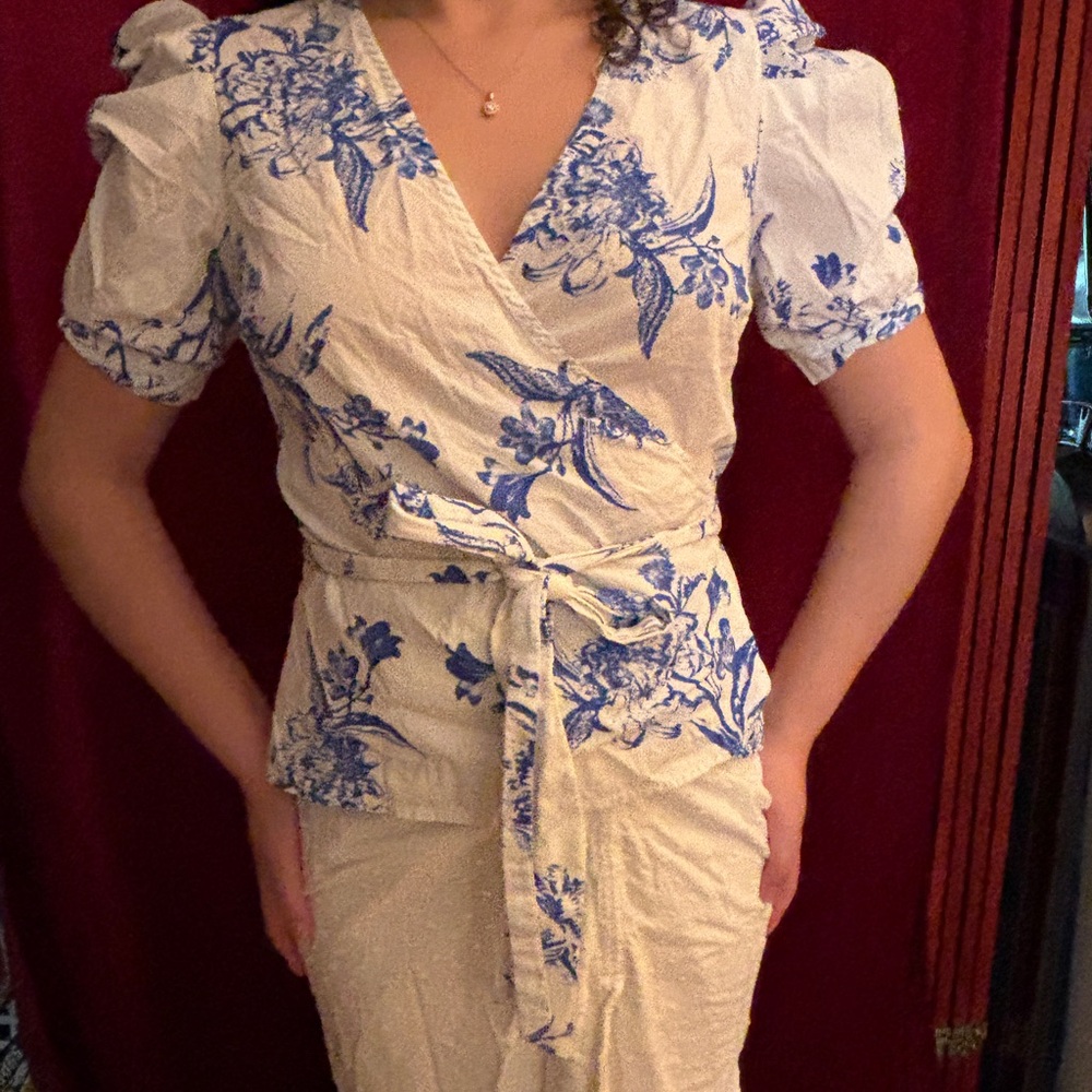 Flying Tomato Cream Wrap Blouse with Blue Floral Print